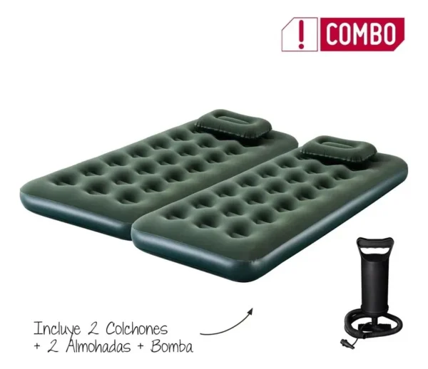 Combo 2 Colchones Inflables Junior + 2 Almohadas + Bomba Verde